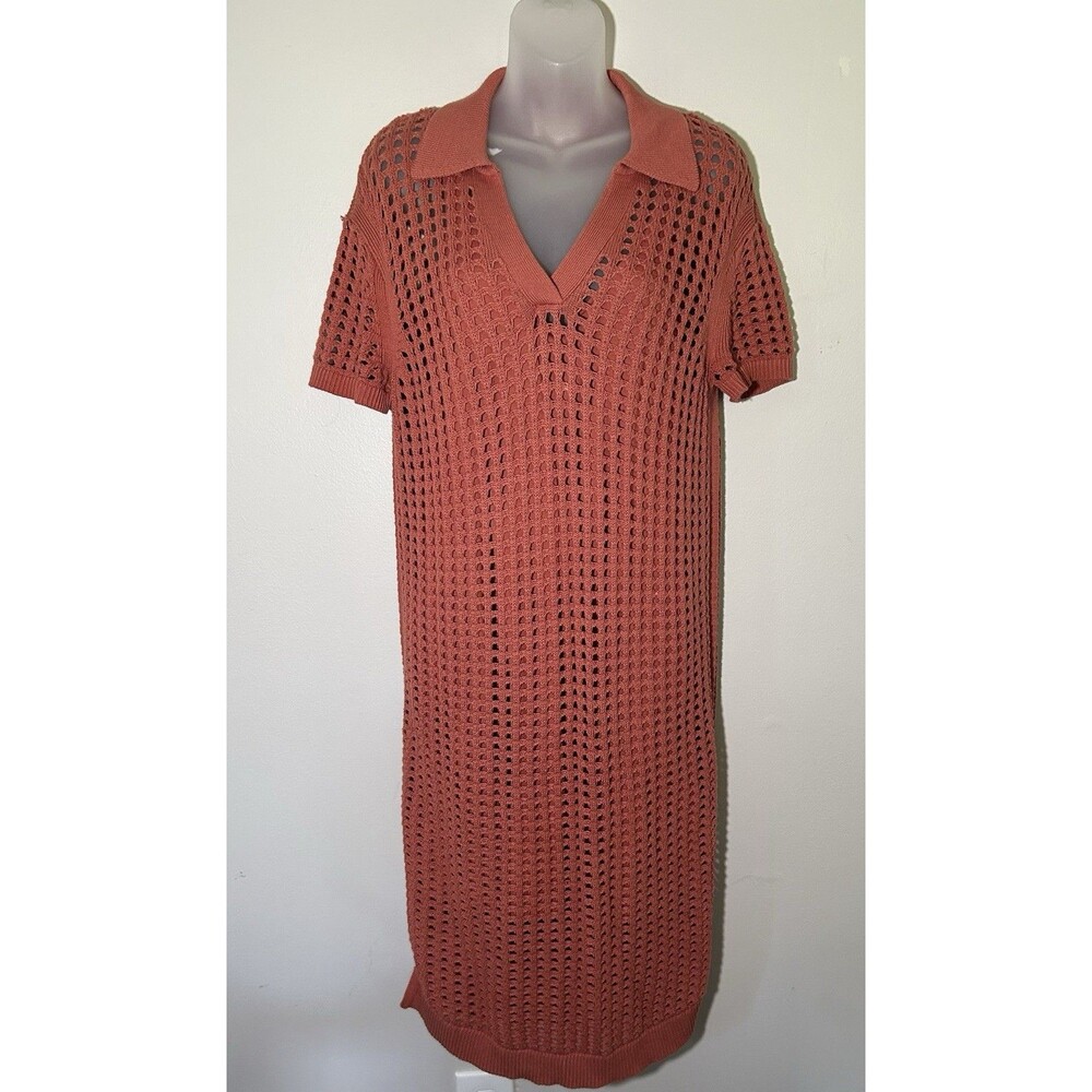 Haven Well Within Coral Organic Cotton Open Stitch Crochet Midi Polo Dress XS